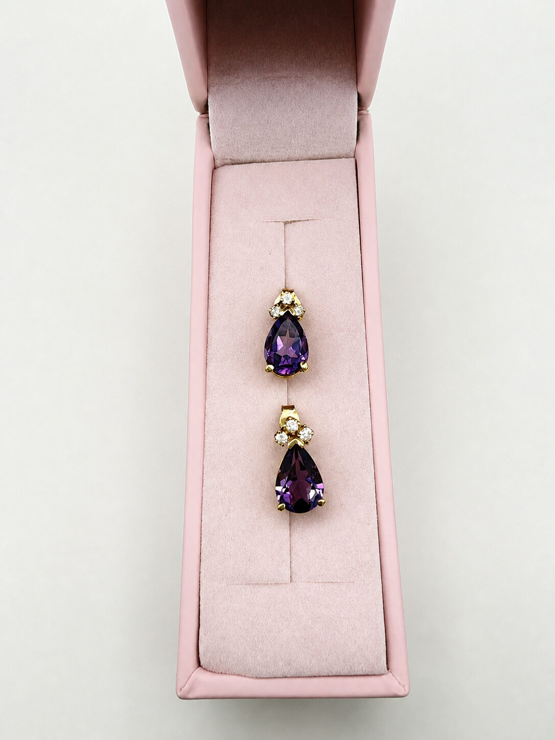 14k Yellow Gold Pear Amethyst & Diamond Teardrop Earrings, reference J070, Pre-Owned — front view, for sale from a private Orange County watch dealer