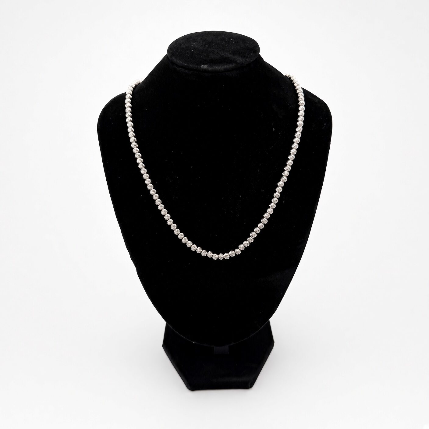 14k White Gold Diamond-Cut Ball Chain — 4.00 mm, 16 in, reference J076, Pre-Owned — front view, for sale from a private Orange County watch dealer