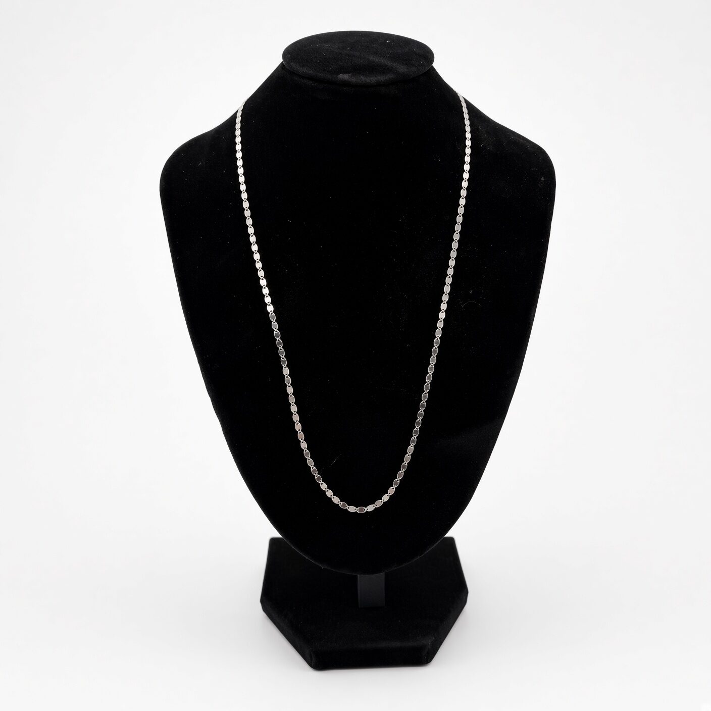 14k White Gold Mirror Link Chain — 2.00 mm, 18 in, reference J073, Pre-Owned — front view, for sale from a private Orange County watch dealer