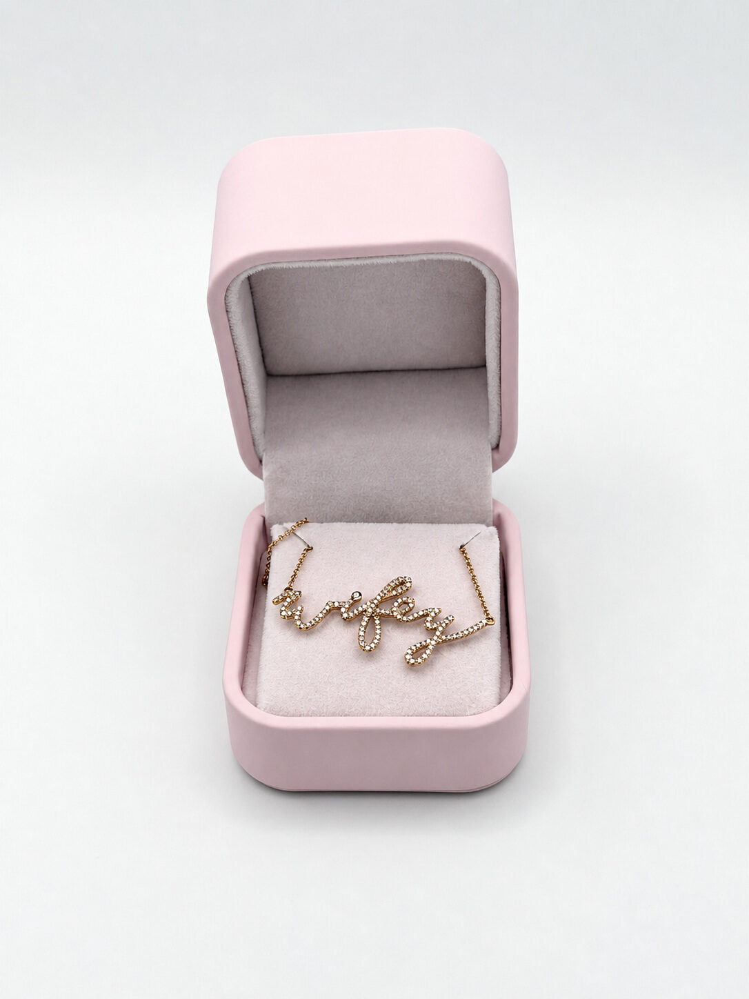 14k Yellow Gold Diamond “Wifey” Script Necklace, reference J097, New — Unworn — front view, for sale from a private Orange County watch dealer