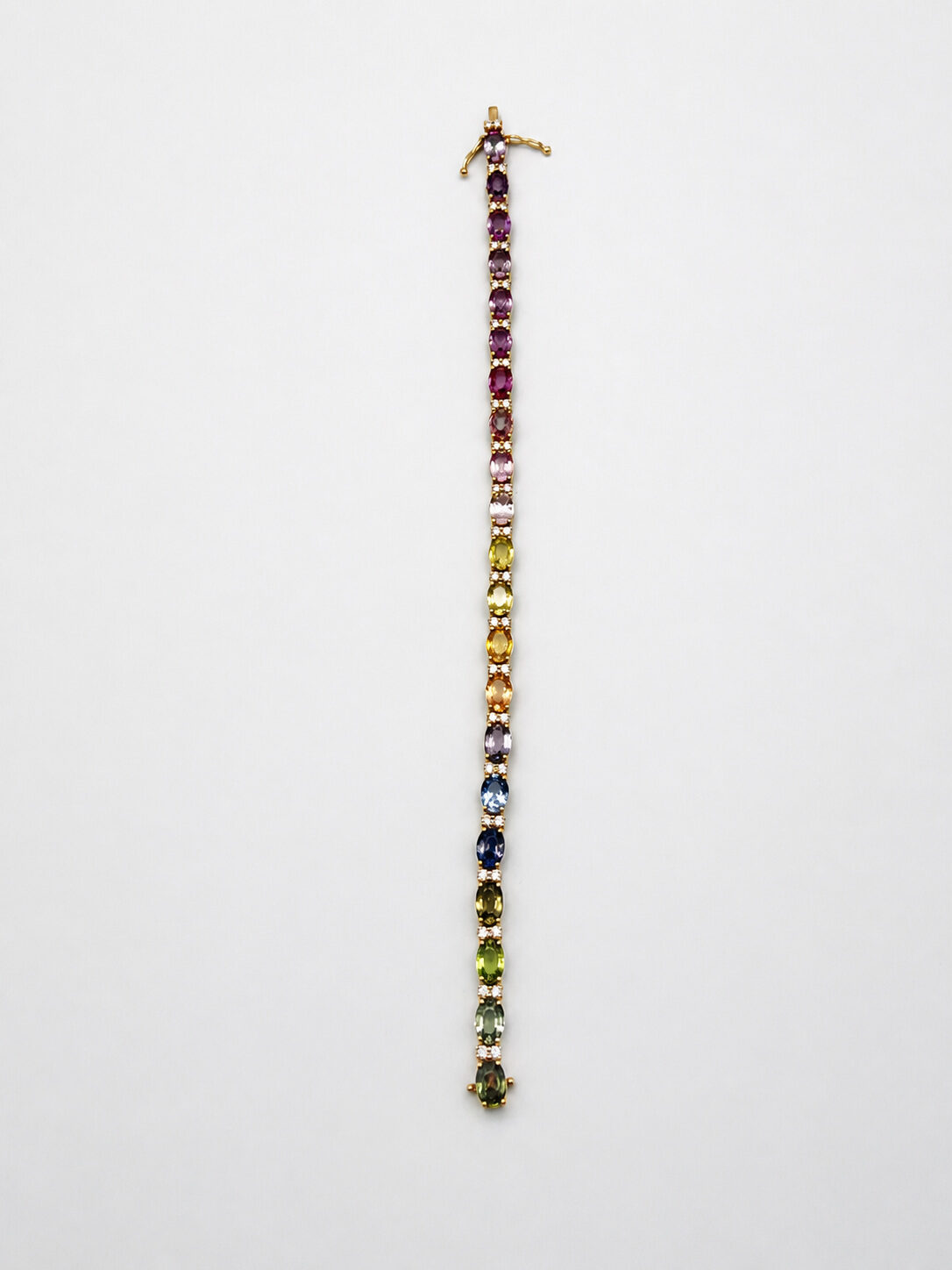 14k Yellow Gold Multi-Color Sapphire & Diamond Rainbow Tennis Bracelet, reference J050, New — Unworn — front view, for sale from a private Orange County watch dealer