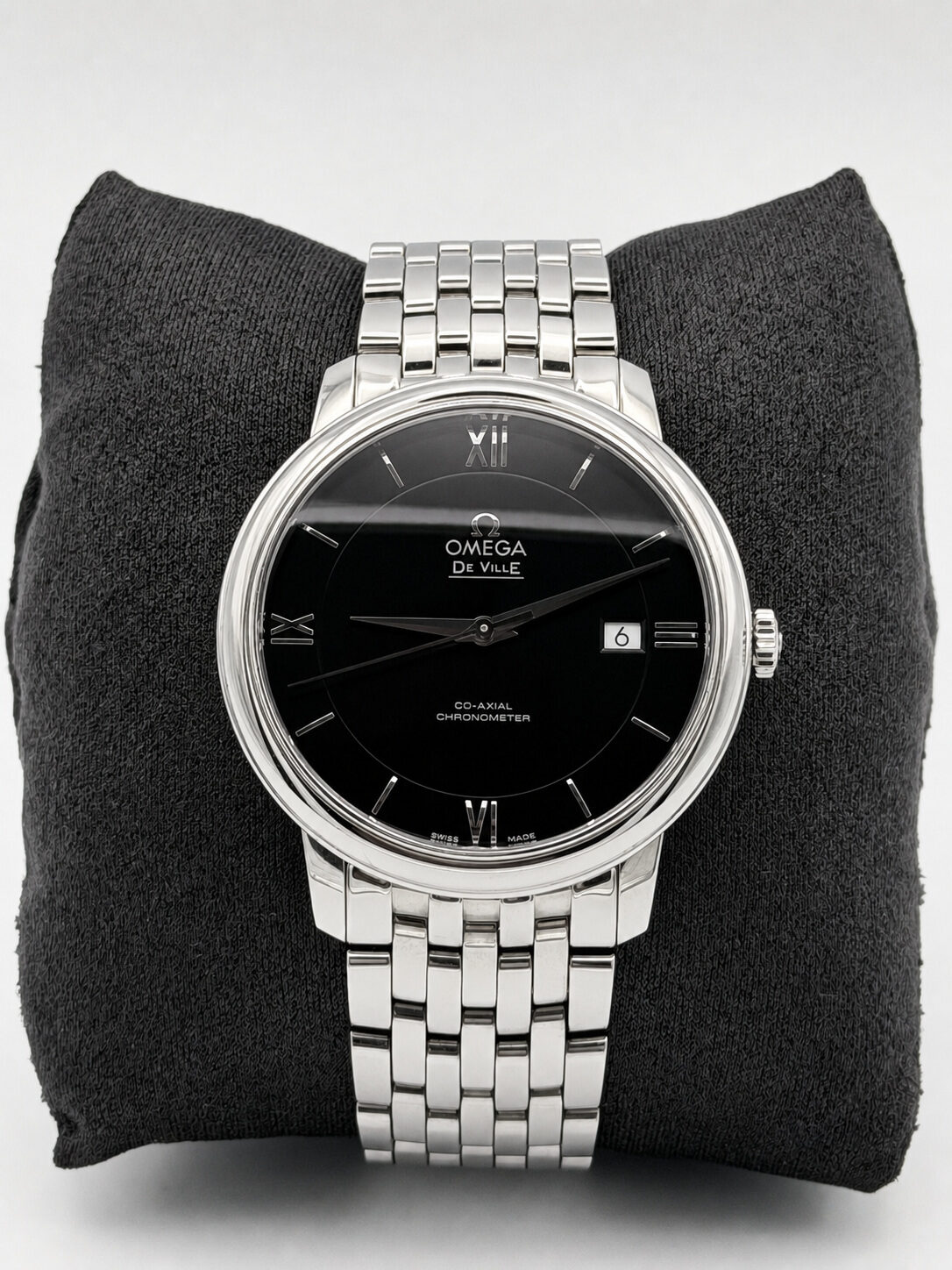 Omega De Ville Prestige Co-Axial 39.5 mm — Black Dial, reference 424.10.40.20.01.001, Pre-Owned — front view, for sale from a private Orange County watch dealer