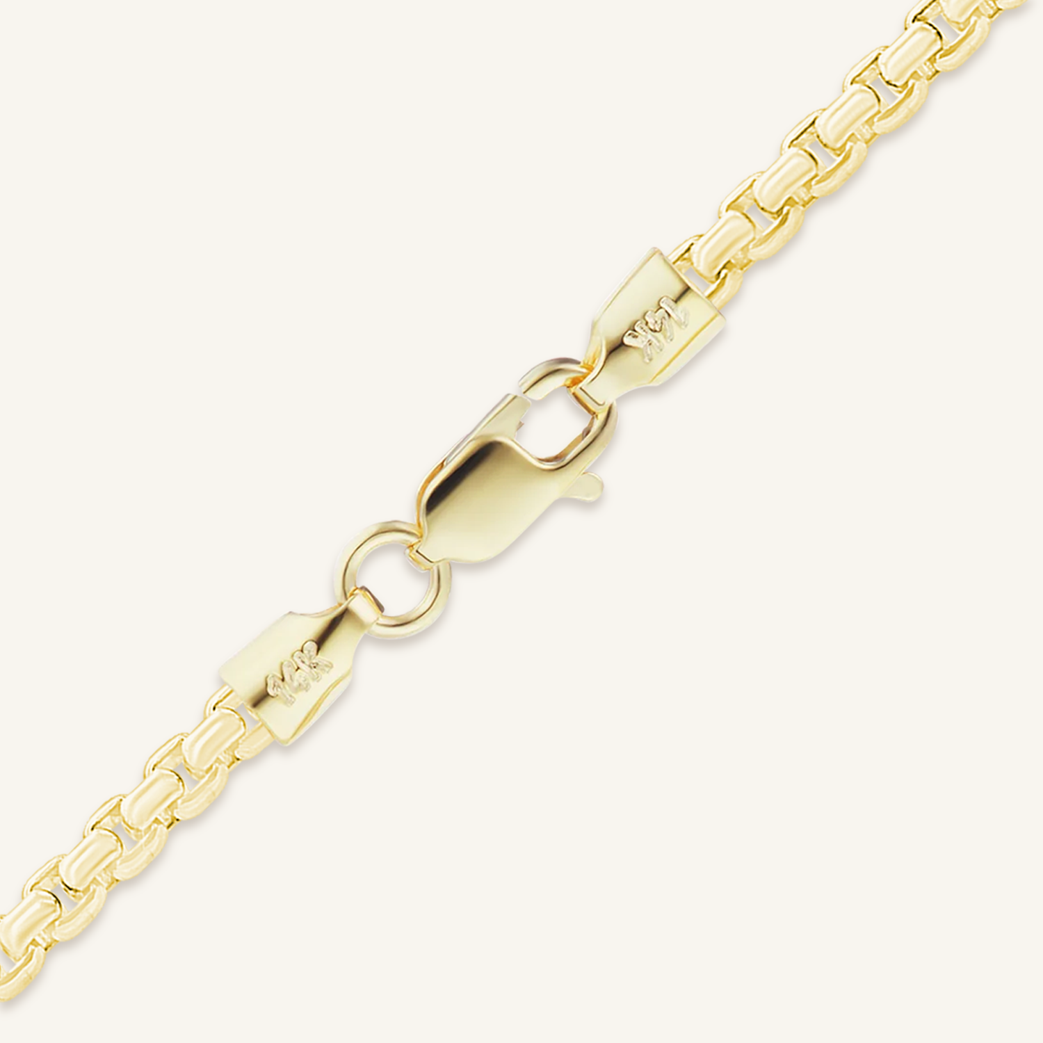 Solid 14K Gold Round Box Chain, shown in 2 mm
